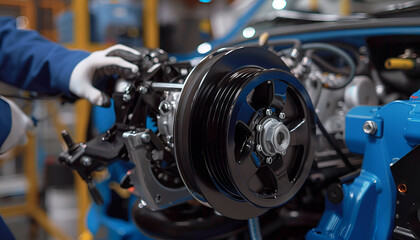 Fototapeta premium motor mechanic replacing the electric steering pump on a modern day vehicle