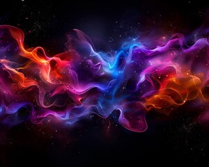 Fototapeta premium Colorful abstract smoke-like waves and light streaks on a dark background, creating a vibrant and cosmic atmosphere.