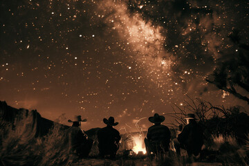 Fototapeta premium vintage sepia photograph of a group of cowboys around a campfire under a star-filled night sky