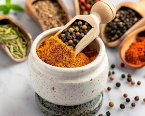A collection of spices in a white mortar, featuring a wooden scoop with mixed peppercorns and various spices in the background. - Powered by Adobe