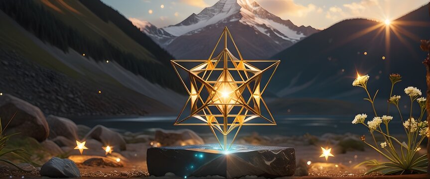 3D Rendered Merkabah in Gold, Realistic with Bokeh Effect, 8K Resolution. Generative AI