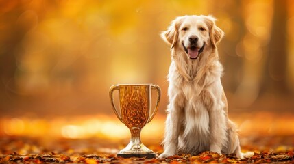 A cheerful Golden Retriever sitting next to a large trophy amidst fallen autumn leaves, capturing the joy and achievement of the moment.