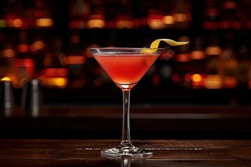 A cosmopolitan cocktail in a stemmed martini glass, with a twist of lemon peel on the rim. 