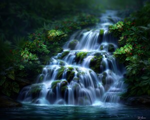 Obraz premium Serene waterfall cascading over moss-covered rocks surrounded by lush green foliage in a tranquil forest setting.