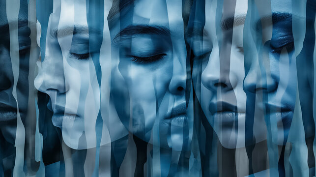 Dark blue collage background with multiple woman faces in anxious and sad mood, copy space	
