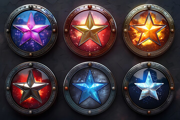 Game ranking badges with shields and swords. Achievement icons with knight or warrior arms, wooden, metal and gold shields with pennants and wings isolated on background, vector cartoon illustration