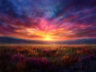 Fototapeta premium Stunning sunset over a vibrant meadow with vivid colors in the sky, creating a breathtaking natural scene full of beauty and tranquility.