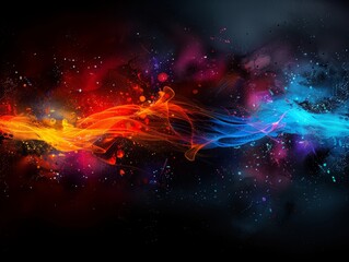 Fototapeta premium Vibrant abstract background featuring a mesmerizing blend of red and blue light streaks and particle explosions against a dark backdrop.