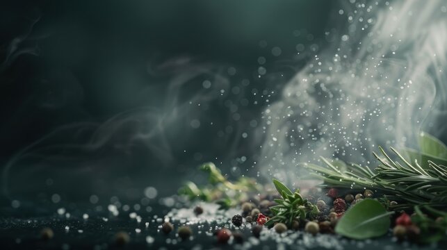 Aromatic spices and herbs with a smoky background, creating a culinary ambiance and inviting aroma in a dark, rustic setting.