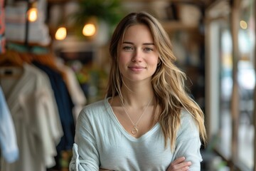 attractive young woman fashion business owner posing at clothing store. ai generative