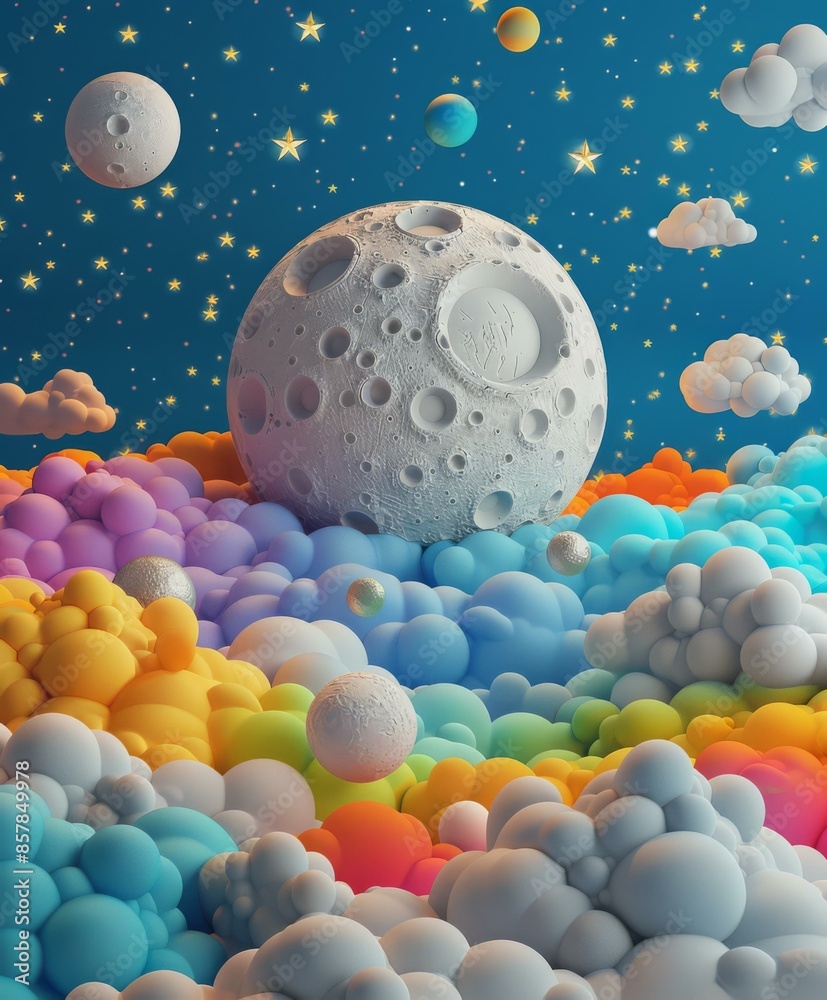 Wall mural a large moon is surrounded by clouds and stars. ai.