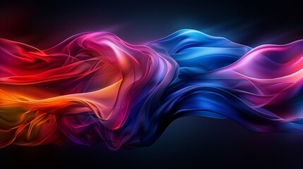 Vibrant flowing abstract art with wave-like patterns in shades of red, blue, and purple, creating a sense of motion and energy on a dark background.