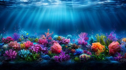 Fototapeta premium Vibrant underwater scene with colorful coral reef and marine life, illuminated by sunlight beams penetrating the ocean's surface.