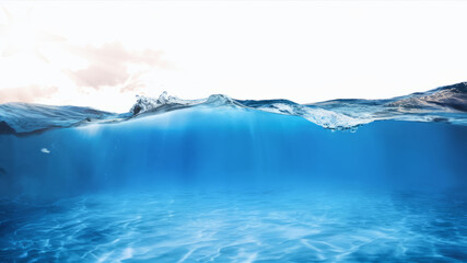 water wave underwater blue ocean swimming pool wide panorama background sandy sea bottom isolated white background