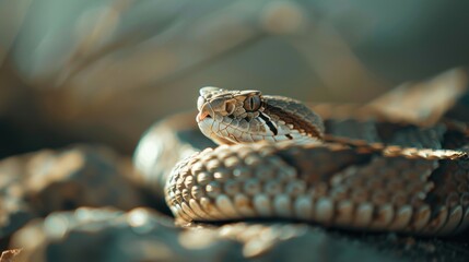 Obraz premium Close-up of a coiled snake resting on rocks in natural habitat, highlighting its intricate scales and piercing eyes.