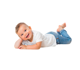 Happy baby boy lying on his belly on white background