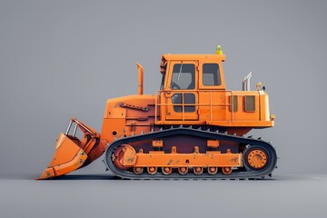 Side view of a vibrant orange bulldozer with large tracks and a shovel blade, suitable for construction and industrial projects. Minimalist style for business purposes. Generative AI