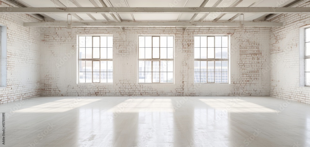Poster the empty room with a brick wall and large window represents a loft interior design, suitable for mo