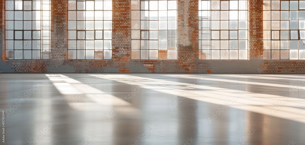 Poster an empty room with a brick wall and large window, designed in a modern loft style, perfect for creat