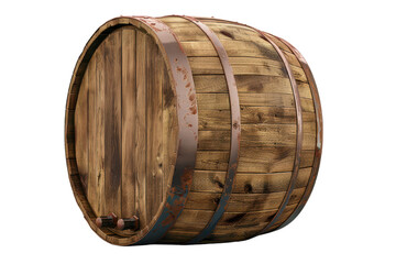 A vintage wooden barrel with metal bands, perfect for aging wine, spirits, or adding rustic decor to any space. isolated white background, transparent background, PNG