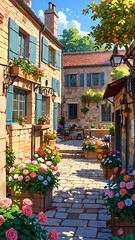 Fototapeta premium A quaint village square filled with flower stalls Anime style illustration, anime flat art background