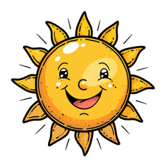 Cartoon smiling sun with cheerful and friendly expression. Bright yellow and orange colors, perfect for children's designs and summer themes. isolated white background, transparent background, PNG