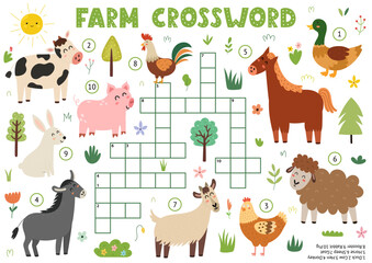 Fototapeta premium Farm animals crossword for kids with cute characters. Word search puzzle. Educational game with cow, pig, horse, sheep and more. Vector illustration. Vector illustration
