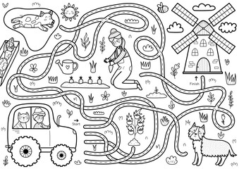 Help the farmer and the cat to drive on the tractor to the windmill. Farm maze activity page in black and white for kids. Mini game for school and preschool in outline. Vector illustration