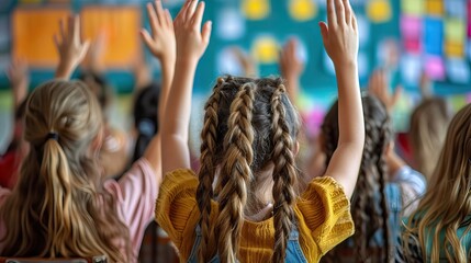 Engaged Classroom with Children Raising Hands During Lesson