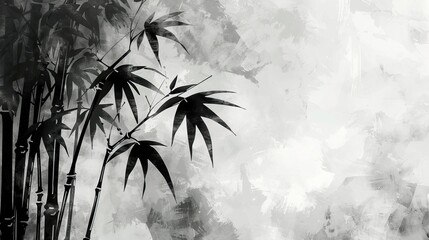 Monochromatic Bamboo Illustration with Watercolor Background
