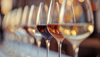 Close-up of a row of wine glasses filled with different types of wine, showcasing a variety of colors and elegant presentation in a dimly lit setting.