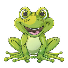 Obraz premium A cute cartoon frog sitting and smiling, with big eyes and vibrant green colors, perfect for playful and joyful designs. isolated white background, transparent background, PNG