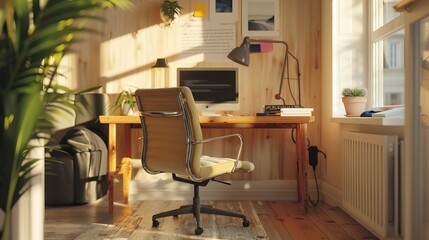 Work-from-Home Setup: At home, a remote worker sets up their workspace with a laptop, ergonomic chair, and noise-canceling headphones, creating a comfortable environment for productivity 