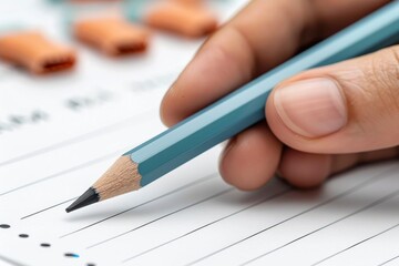  A hand grabs a blue pencil on a white background with three orange erasers on the top of the screen,