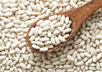 Wooden spoon of white organic healthy bean seeds.Macro.