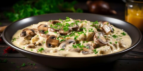 Creamy veal stew with white wine cream and mushrooms blanquette de veau. Concept Creamy Veal Stew, White Wine Cream, Mushroom Blanquette, Veal Recipe