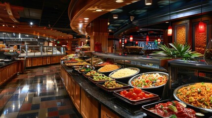 Lavish and diverse buffet spread in the opulent dining area of a high end casino showcasing a wide variety of delectable dishes and cuisines for guests to savor and indulge in