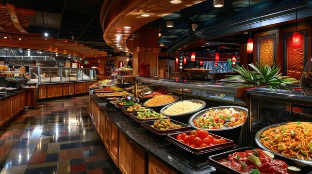 Lavish and diverse buffet spread in the opulent dining area of a high end casino showcasing a wide variety of delectable dishes and cuisines for guests to savor and indulge in