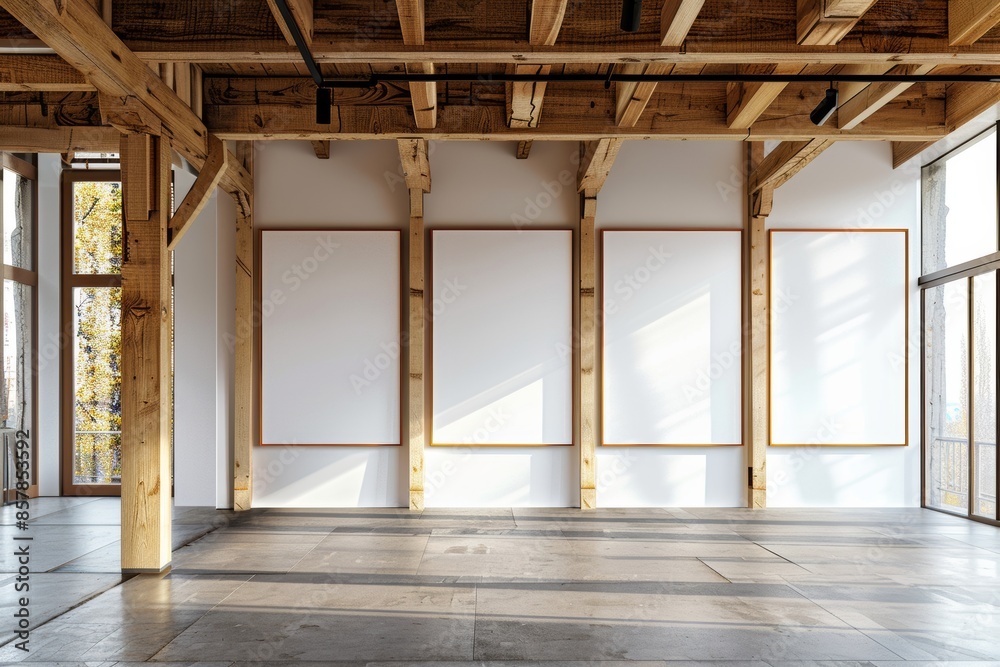 Fototapete 3D rendering of three white posters in a gallery setting with wooden beams on a light background.