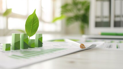 A clean, modern workspace features a document with green financial graphs, adorned with fresh leaves. This image symbolizes environmental finance and sustainable investing, highlighting the