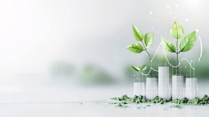 A professional document showcasing green financial graphs is enhanced by the presence of fresh leaves, symbolizing the harmony between economic growth and environmental stewardship. The clean design