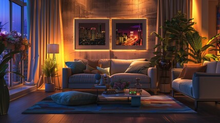 A sophisticated 3D render of a cozy living room setting with a wall poster and frame.