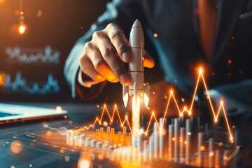Businessman launching rocket investment growth, planning and corporate business startup