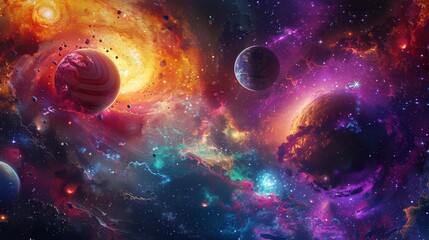 Digital illustration depicting galaxies, planets, star clusters, and nebulae in outer space, with astronomy and science themes