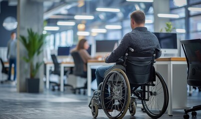 Fototapeta premium A disabled employee man in a wheelchair working with coworkers in an office.