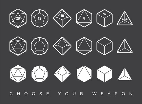 Vector circle line dice set. 20, 12, 10, 8, 6 and 4 sided. Board games. Isolated on black background.