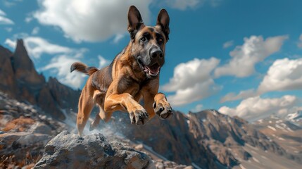 Obraz premium Belgian Malinois Search and Rescue Dog in Dramatic Mid-Leap Action Shot in Mountainous Wilderness