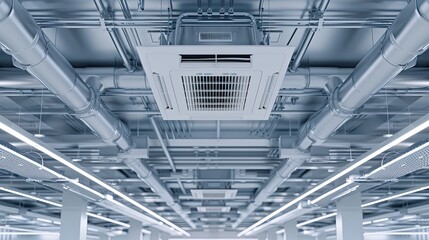 A modern building interior with an air conditioning unit mounted on the ceiling and exposed ductwork