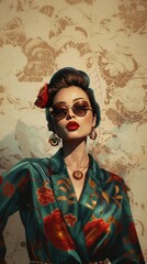 Artistic portrait of an Asian woman wearing sunglasses and a floral jacket. 