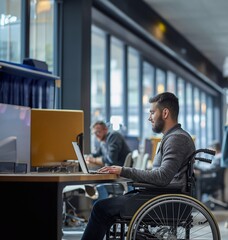 A disabled employee man in a wheelchair working with coworkers in an office.
